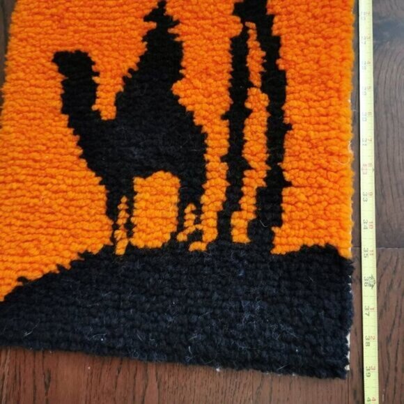 60s Latch Hook Wall Hanging 14"x39" Vintage MCM Orange Black Camel Rider Palm - Picture 7 of 9